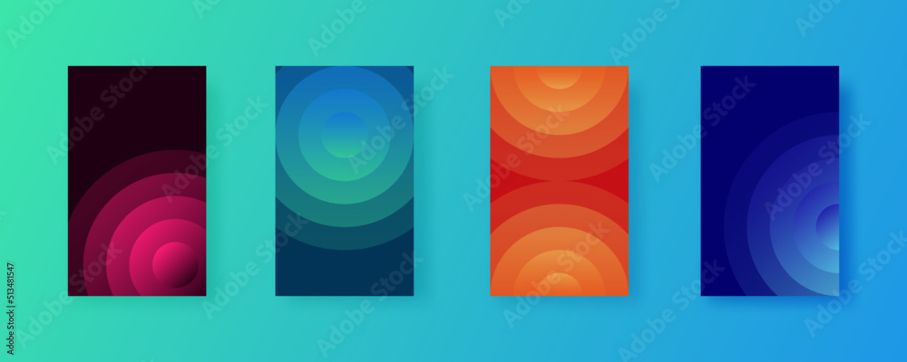 Fototapete Set of abstract vector background of circles with spiral shapes and color gradations. Collection of stacked round lines for a minimalist futuristic design cover.