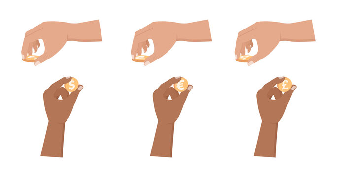 Vector set of hands that hold dollar, euro and sterling coins. Hands interact with money flat icon set.