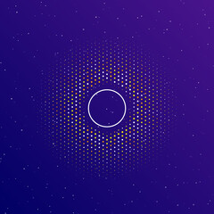 A large white contour circle in the center, surrounded by small dots. Dots of different colors in the shape of a ball. Vector illustration on dark blue gradient background with stars