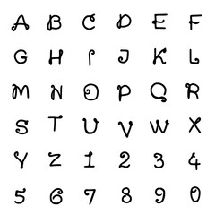 Vector set of letters and numbers with swirls in doodle style on a white background. Lettering Clip Art.