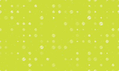 Seamless background pattern of evenly spaced white no dollar symbols of different sizes and opacity. Vector illustration on lime background with stars