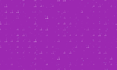 Seamless background pattern of evenly spaced white kick scooter symbols of different sizes and opacity. Vector illustration on purple background with stars