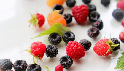 black yellow and red raspberries garden close-up soft selective focus, organic berries