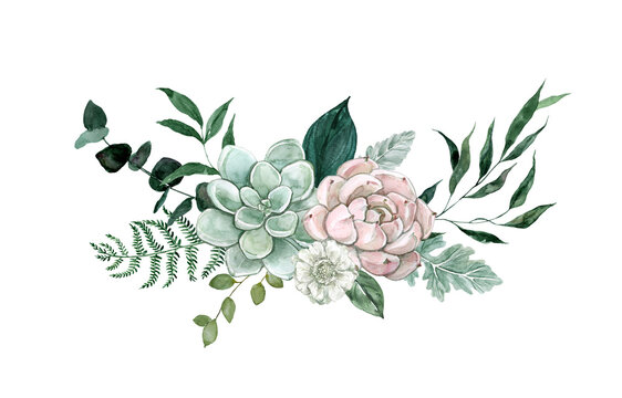 Greenery and succulents illustration. Watercolor floral wreath. Hand-painted botanical arrangement, isolated on white background.