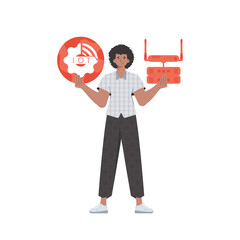 A man holds the internet of things logo in his hands. Router and server. IoT concept. Isolated. Trendy flat style. Vector.