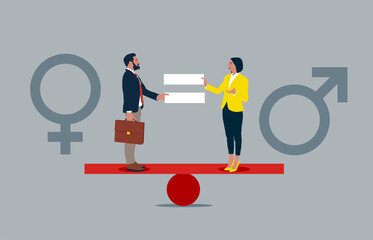 Male and female with symbol on the scales feeling equal discrimination. Gender equality. 