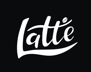 Latte.  white calligraphy letters with coffee bean on the dark brown coffee color. Hand lettering, Vector illustration for menu cafe bar restaurant banner flyer coffee card. Trendy inscription. 