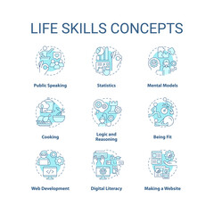 Life skills turquoise concept icons set. Psychosocial competence idea thin line color illustrations. Personal development. Isolated symbols. Editable stroke. Roboto-Medium, Myriad Pro-Bold fonts used