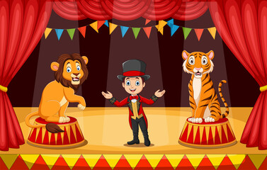 Cartoon circus performers with tamer and animals on circus arena