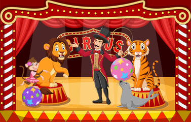 Obraz premium Cartoon circus performers with animals and tamer on circus arena