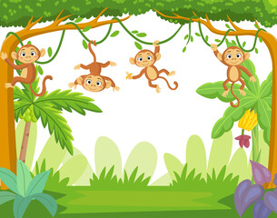 Obraz na płótnie Canvas Group of little monkey hanging on tree branch