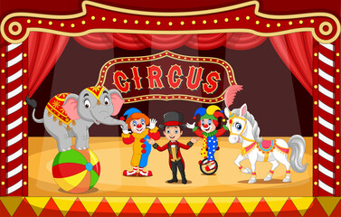 Cartoon circus performers on circus arena with clowns, tamer and animals