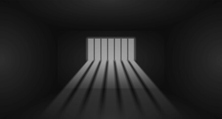 Vector illustration of prison bars window on dark wall. Realistic prison room window background. Jail window with bars. Jail break. 