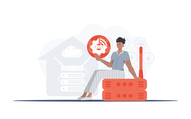 IoT concept. A man is holding an internet thing icon in her hands. Router and server. Good for presentations and websites. Trendy flat style. Vector illustration.