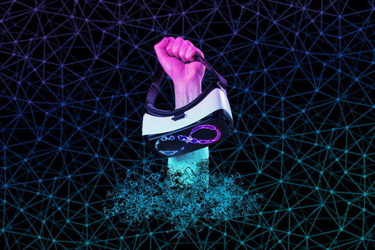 A materializing male hand holds VR glasses with sign of metaverse. Black background with neon abstract grid. The concept of cyberspace and virtual reality - Powered by Adobe