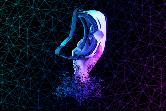 Metaverse. A materializing male hand holds VR glasses. Black background with neon abstract grid. The concept of cyberspace and virtual reality - Powered by Adobe