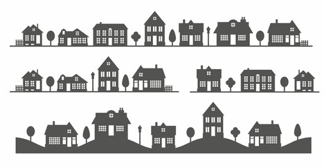 Silhouette of landscape of neighborhood. Black and white houses on the skyline. Countryside cottage homes. Glyph vector illustration.