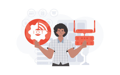 IoT concept. A man holds the internet of things logo in her hands. Router and server. Good for presentations and websites. Trendy flat style. Vector illustration.