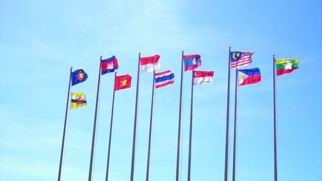 Group of nation flags (ASEAN) with blue sky background 
