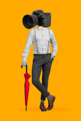 Bright creative banner collage of stylish guy with camera face standing isolated yellow color background hold red parasol
