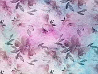 Abstract grunge background. Pink blue watercolor texture with floral pattern. Colorful hand drawn wallpaper template.