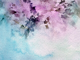 Abstract grunge background. Pink blue watercolor texture with floral pattern. Colorful hand drawn wallpaper template.