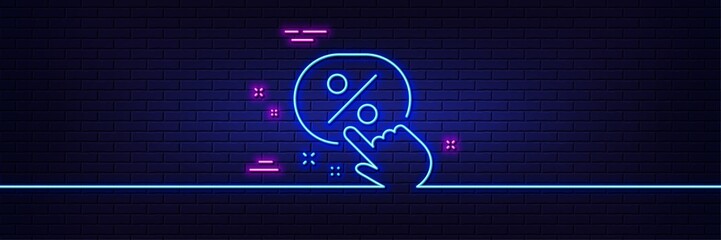 Neon light glow effect. Discount button line icon. Sale offer sign. Promotion price symbol. 3d line neon glow icon. Brick wall banner. Discount button outline. Vector