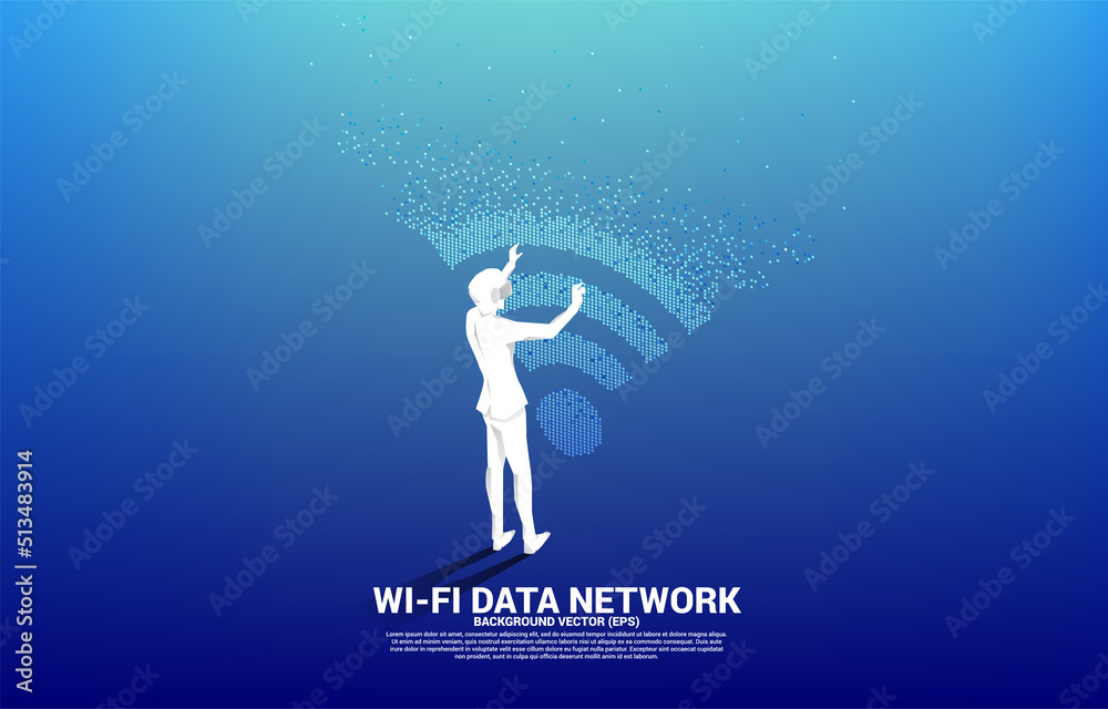 Aufkleber Silhouette businessman wear VR glasses with wi-fi mobile data icon with pixel transformation. Concept for data transfer of mobile and wi-fi data network.
