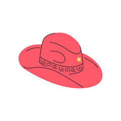 Cartoon сowgirl pink hat with sheriff star. Wild West fashion style. Cowboy western theme, wild west concept. Horse Ranch party hat. Hand drawn colored flat vector illustration.