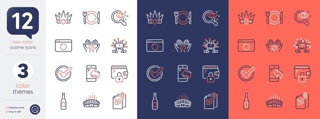 Set of Recovery internet, Restaurant food and Wallet line icons. Include Vision test, Incoming call, Arena stadium icons. Confirmed, Document attachment, Beer web elements. Vector