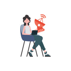 Internet of things concept. A woman holds a satellite dish in her hands. Isolated. Vector illustration in flat style.