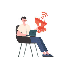 Fototapeta premium Internet of things and automation concept. The guy is holding a satellite dish in his hands. Isolated on white background. Vector illustration in flat style.