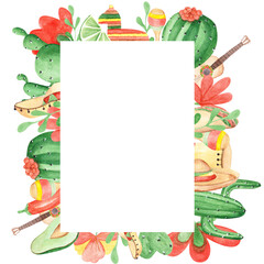 Fiesta frame isolated on a white background. Watercolor template for Mexican holiday party. Cactus, sombrero, avocado, pinata, tacos, ceramic pot, chili pepper, lime, and more objects.