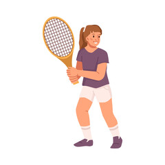 Fototapeta na wymiar Girl playing tennis, vector flat cartoon character doing sport exercises. Young woman in uniform with rocket in hands, leisure sport activities, hobby trainings