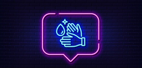 Neon light speech bubble. Wash hands line icon. Covid hygiene sign. Clean washing symbol. Neon light background. Wash hands glow line. Brick wall banner. Vector