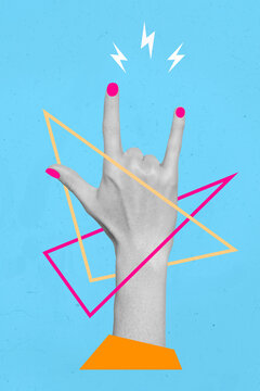 Exclusive collage picture of human arms make horned symbol show pink manicure rock festival isolated blue color background