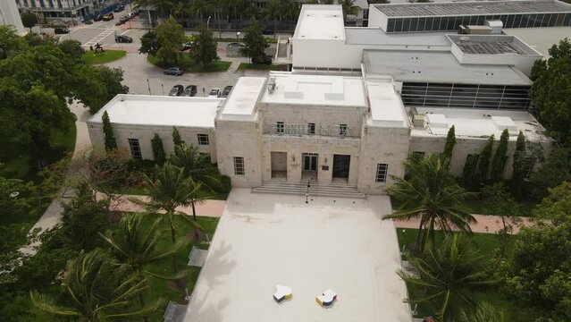 Aerial View Of The Bass Art Museum Building In Collins Park, Miami Beach Florida USA, Drone Shot