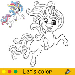 Cartoon joyful unicorn coloring book page vector