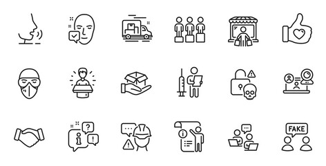 Outline set of Teamwork, Face accepted and Cyber attack line icons for web application. Talk, information, delivery truck outline icon. Include Brand ambassador, Medical mask, Hold box icons. Vector