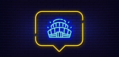 Neon light speech bubble. Arena stadium line icon. Competition building sign. Sport complex symbol. Neon light background. Arena stadium glow line. Brick wall banner. Vector