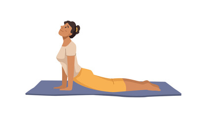 Girl doing yoga, stretching and doing exercises for wellbeing. Woman practice sports, fitness and working out. Fitness or aerobics. Flat cartoon character, vector illustration