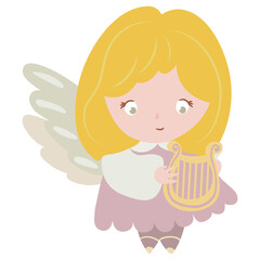 Cute drawn Angel with harp. White background, isolate. Vector illustration. 