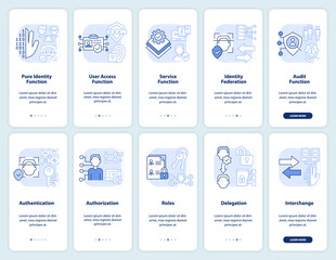 Identity management light blue onboarding mobile app screen set. Walkthrough 5 steps editable graphic instructions with linear concepts. UI, UX, GUI template. Myriad Pro-Bold, Regular fonts used