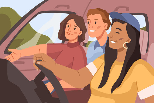 People driving car, friends or family going on vacation or trip. Wanderlust and journey on vehicle, fun weekends of youth or students. Flat cartoon, vector illustration