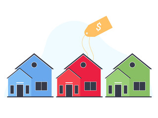 Real estate business concept. Colored buildings for sale or rent with a price tag