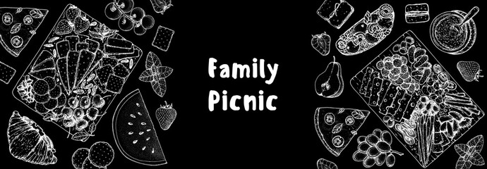 Fototapeta premium Picnic food top view. Hand drawn vector illustration. Food and drink sketch. Antipasti, pizza, sandwich, fruits, snacks for lunch or dinner. Summer Food top view frame.
