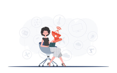 A woman holds a satellite dish in her hands. Internet of things and automation concept. Good for presentations, websites and typography. Vector illustration in flat style.