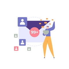 spam messages, broadcast messages, sharing information. a man spreads boom messages to people. e-mail, chat, communication media. icons and symbols. flat cartoon illustration. concept design. ui 