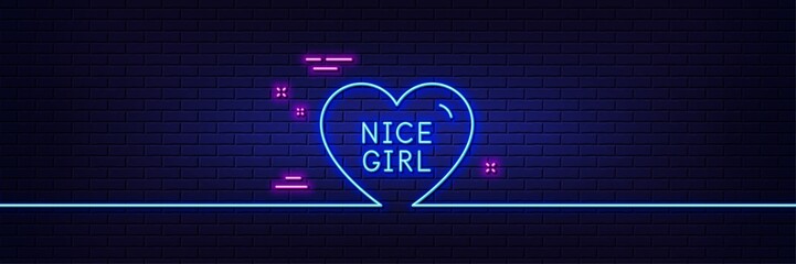 Neon light glow effect. Nice girl line icon. Sweet heart sign. Valentine day love symbol. 3d line neon glow icon. Brick wall banner. Nice girl outline. Vector