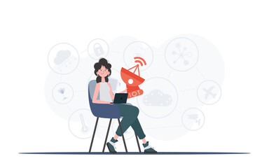 A woman holds a satellite dish in her hands. Internet of things and automation concept. Good for presentations and websites. Vector illustration in trendy flat style.